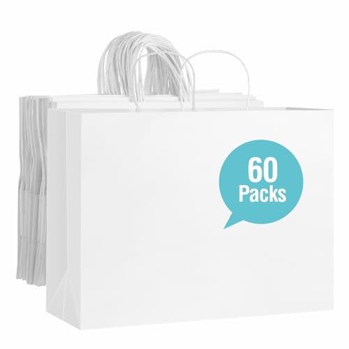woric 60 PCS White Paper Bags with Handles Large Gift Bag 16 x 6 x 12 inch White Gift Bag Bulk Shopping Bags for Gift Grocery Small Business